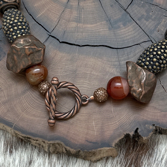 WCJ Antique Bronze Brass & Carnelian Beaded Statement Necklace Double Happiness - Picture 3 of 5